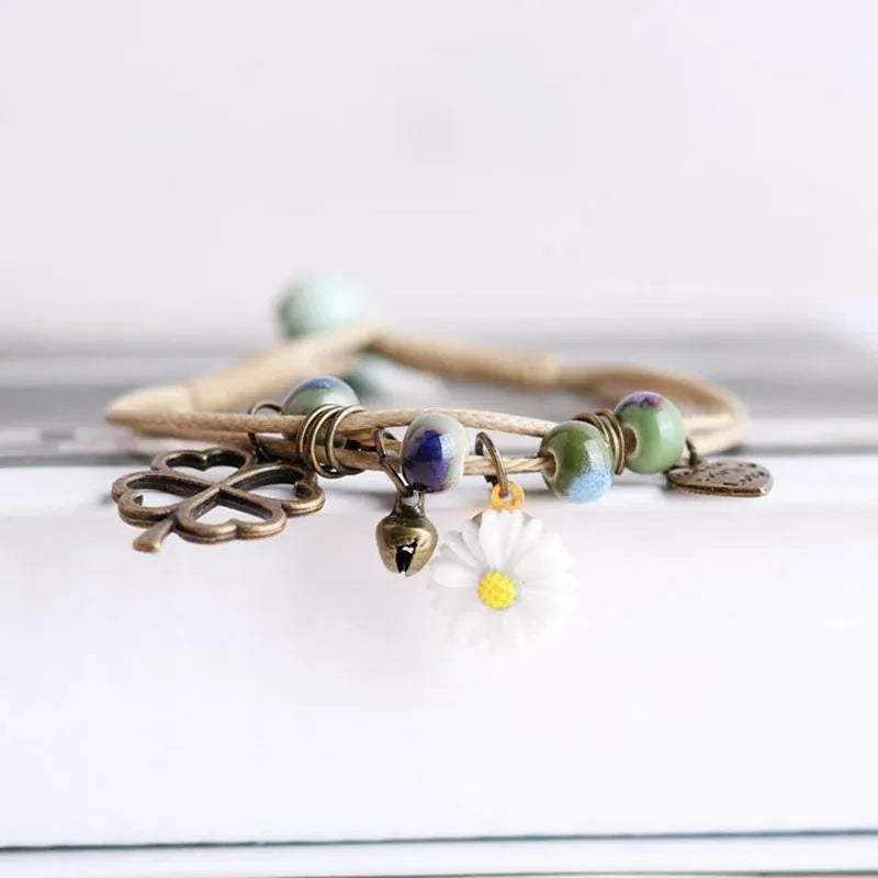 Flower Pendant Waxed Thread Rope Ceramic Beaded Wristband Bracelet Birthday Gift - Design 2