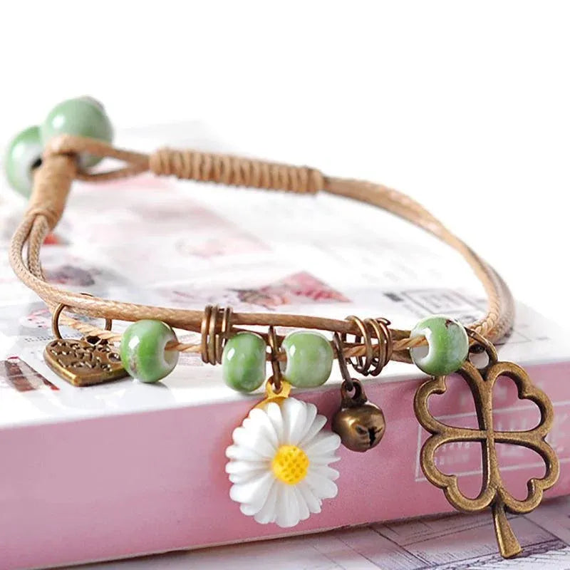 Flower Pendant Waxed Thread Rope Ceramic Beaded Wristband Bracelet Birthday Gift - Design 2