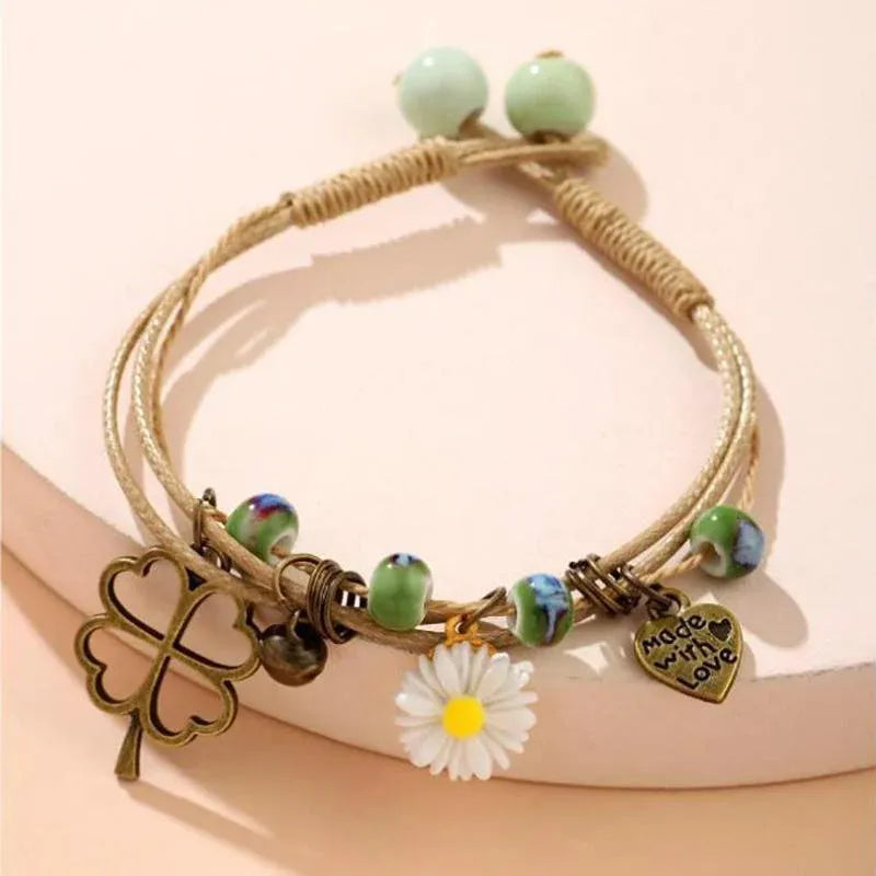 Flower Pendant Waxed Thread Rope Ceramic Beaded Wristband Bracelet Birthday Gift - Design 2