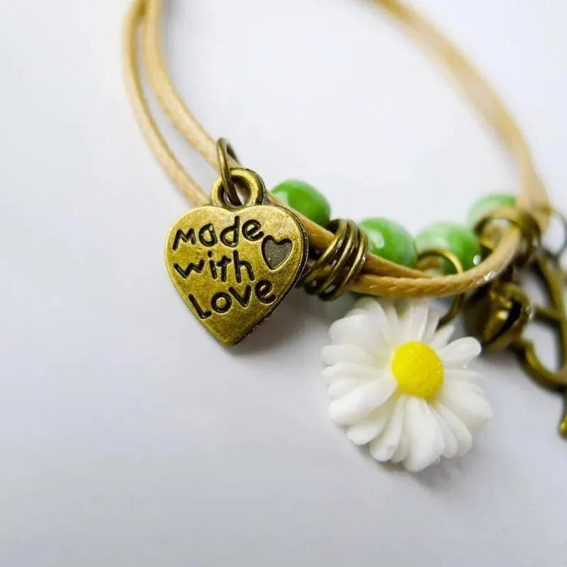 Flower Pendant Waxed Thread Rope Ceramic Beaded Wristband Bracelet Birthday Gift - Design 2