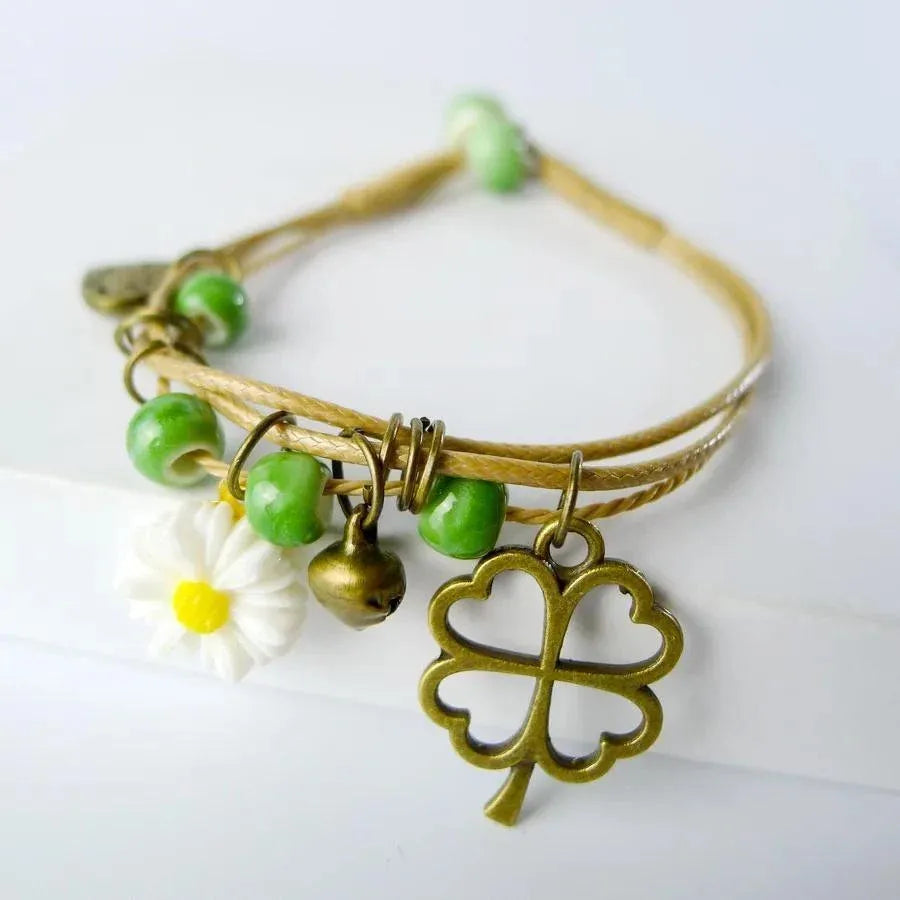 Flower Pendant Waxed Thread Rope Ceramic Beaded Wristband Bracelet Birthday Gift - Design 2