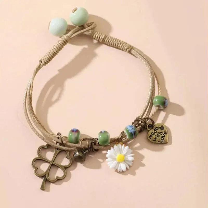 Flower Pendant Waxed Thread Rope Ceramic Beaded Wristband Bracelet Birthday Gift - Design 2