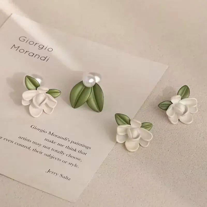 Asymmetrical Pearl Flower Stud Earrings 925 Silver Needle Summer Leaf Design