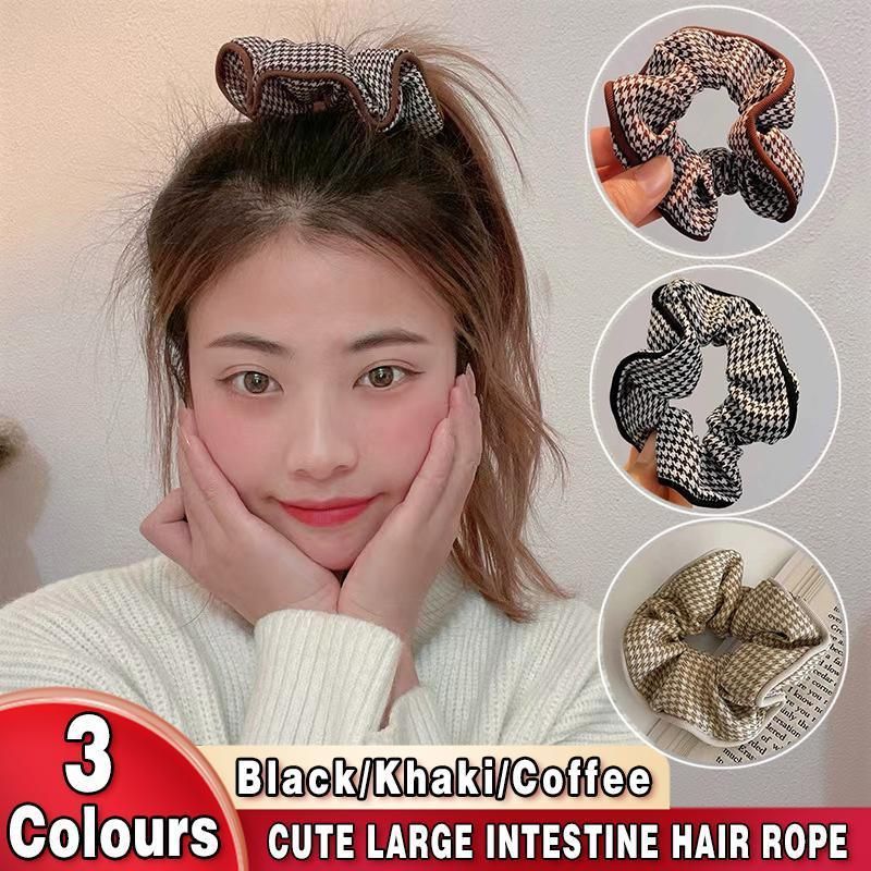 Women Large Scrunchies Plaid Hair Bands Elastic Hair Tie Rope Ring Ponytail Gift - Coffee