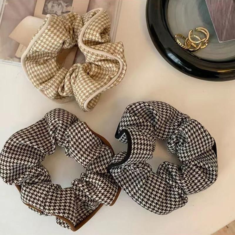 Women Large Scrunchies Plaid Hair Bands Elastic Hair Tie Rope Ring Ponytail Gift - Coffee