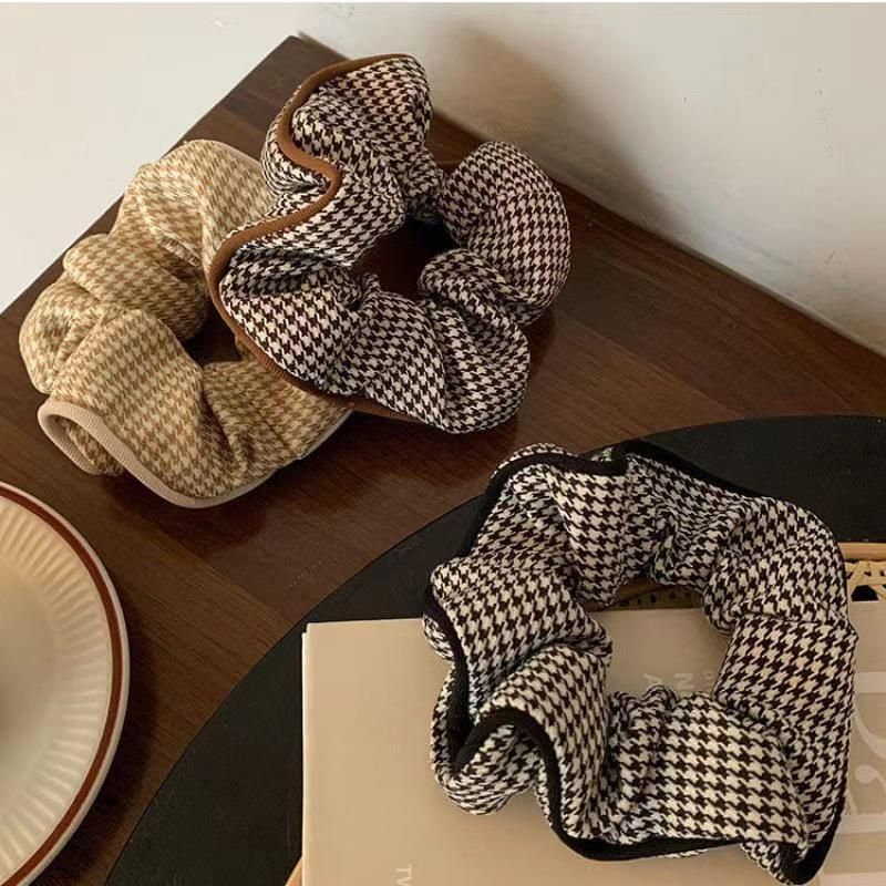 Women Large Scrunchies Plaid Hair Bands Elastic Hair Tie Rope Ring Ponytail Gift - Coffee
