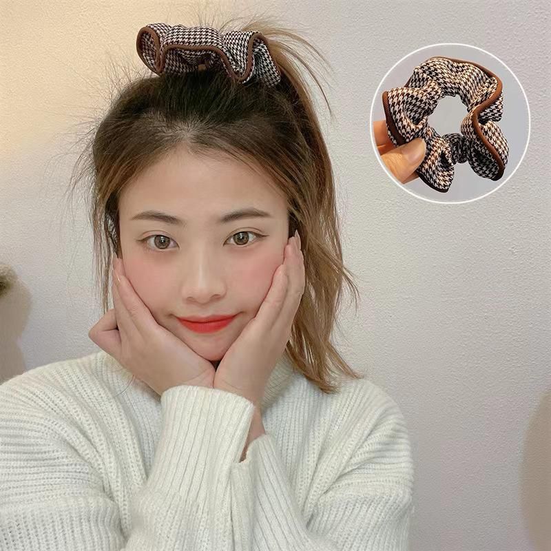 Women Large Scrunchies Plaid Hair Bands Elastic Hair Tie Rope Ring Ponytail Gift - Coffee