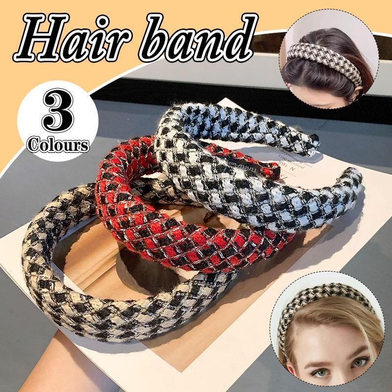Women Plaid Headband Padded Hairband Wide Sponge Hair Hoop Band Head Decor - Light Khaki