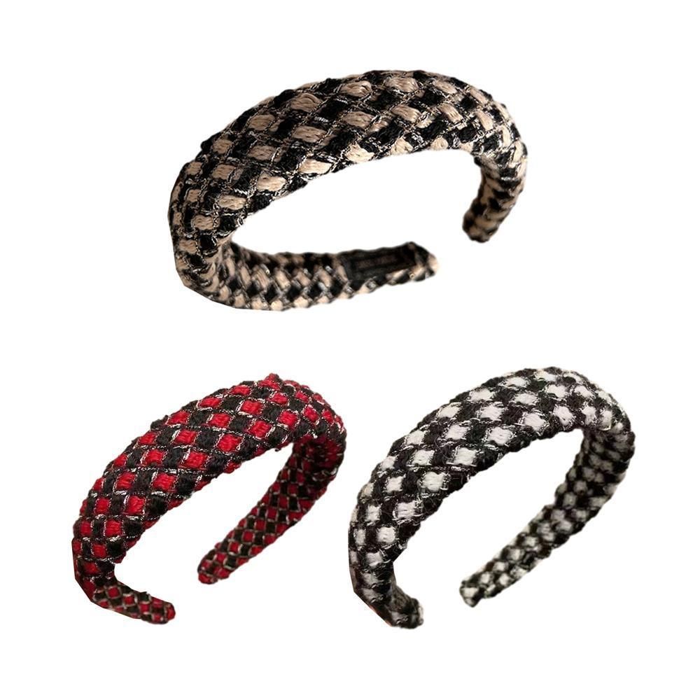 Women Plaid Headband Padded Hairband Wide Sponge Hair Hoop Band Head Decor - Light Khaki