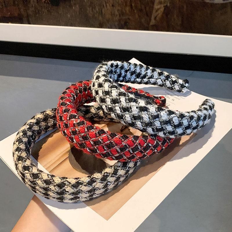 Women Plaid Headband Padded Hairband Wide Sponge Hair Hoop Band Head Decor - Light Khaki