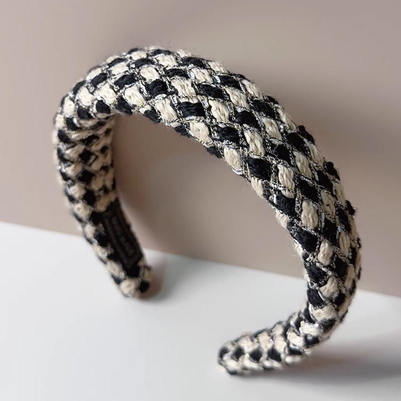 Women Plaid Headband Padded Hairband Wide Sponge Hair Hoop Band Head Decor - Light Khaki