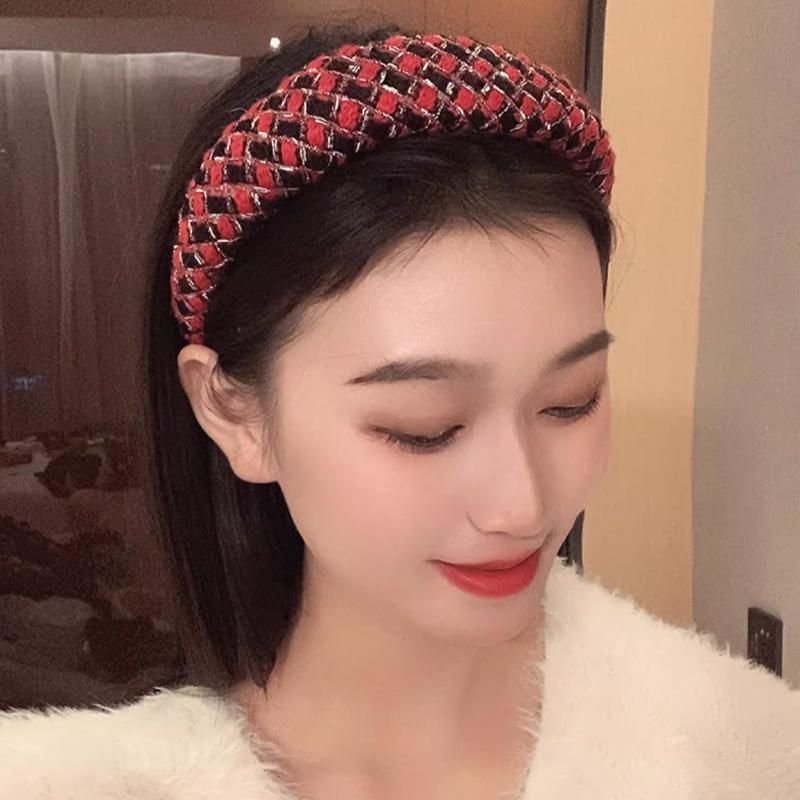 Women Plaid Headband Padded Hairband Wide Sponge Hair Hoop Band Head Decor - Light Khaki