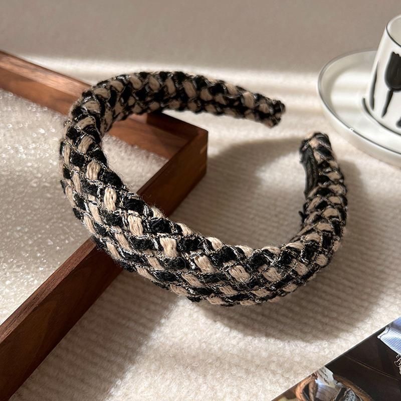 Women Plaid Headband Padded Hairband Wide Sponge Hair Hoop Band Head Decor - Light Khaki