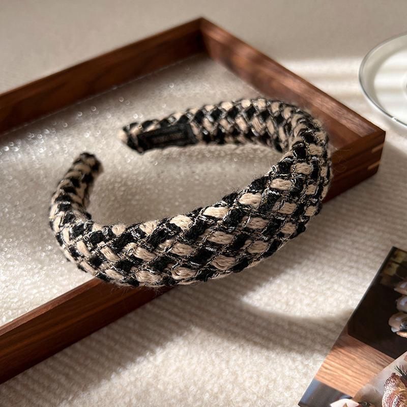 Women Plaid Headband Padded Hairband Wide Sponge Hair Hoop Band Head Decor - Light Khaki