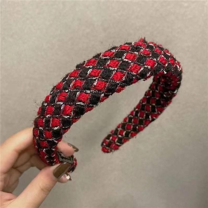 Women Plaid Headband Padded Hairband Wide Sponge Hair Hoop Band Head Decor - Light Khaki