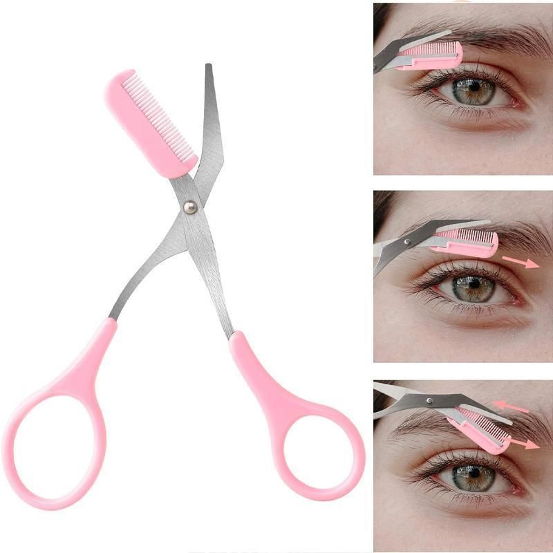 Eyebrow Trimmer Grooming Scissors Eyelash Thinning Shears Comb Brow Shaping Tool - Pink