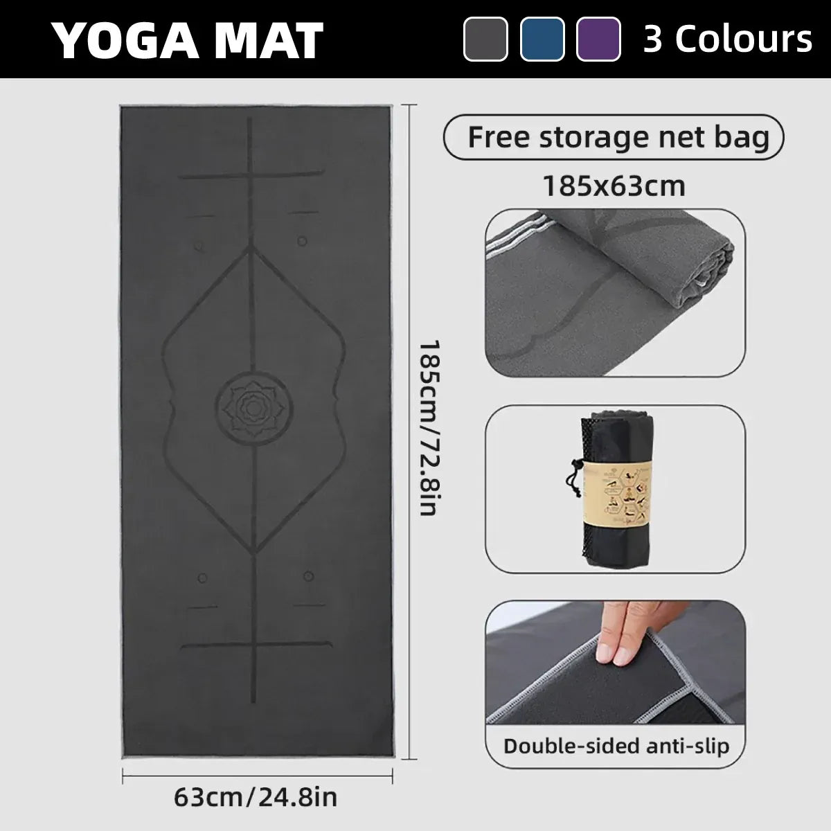 Portable Yoga Blanket with Body Position Line Non Slip Soft for Home Gym Studio - Blue