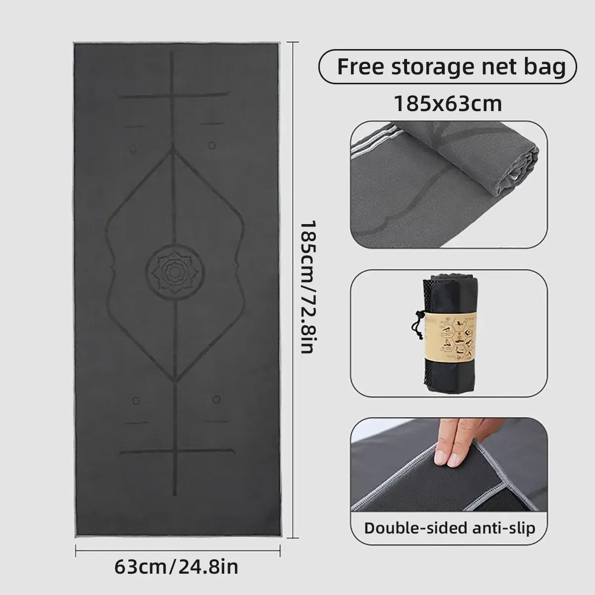 Portable Yoga Blanket with Body Position Line Non Slip Soft for Home Gym Studio - Blue