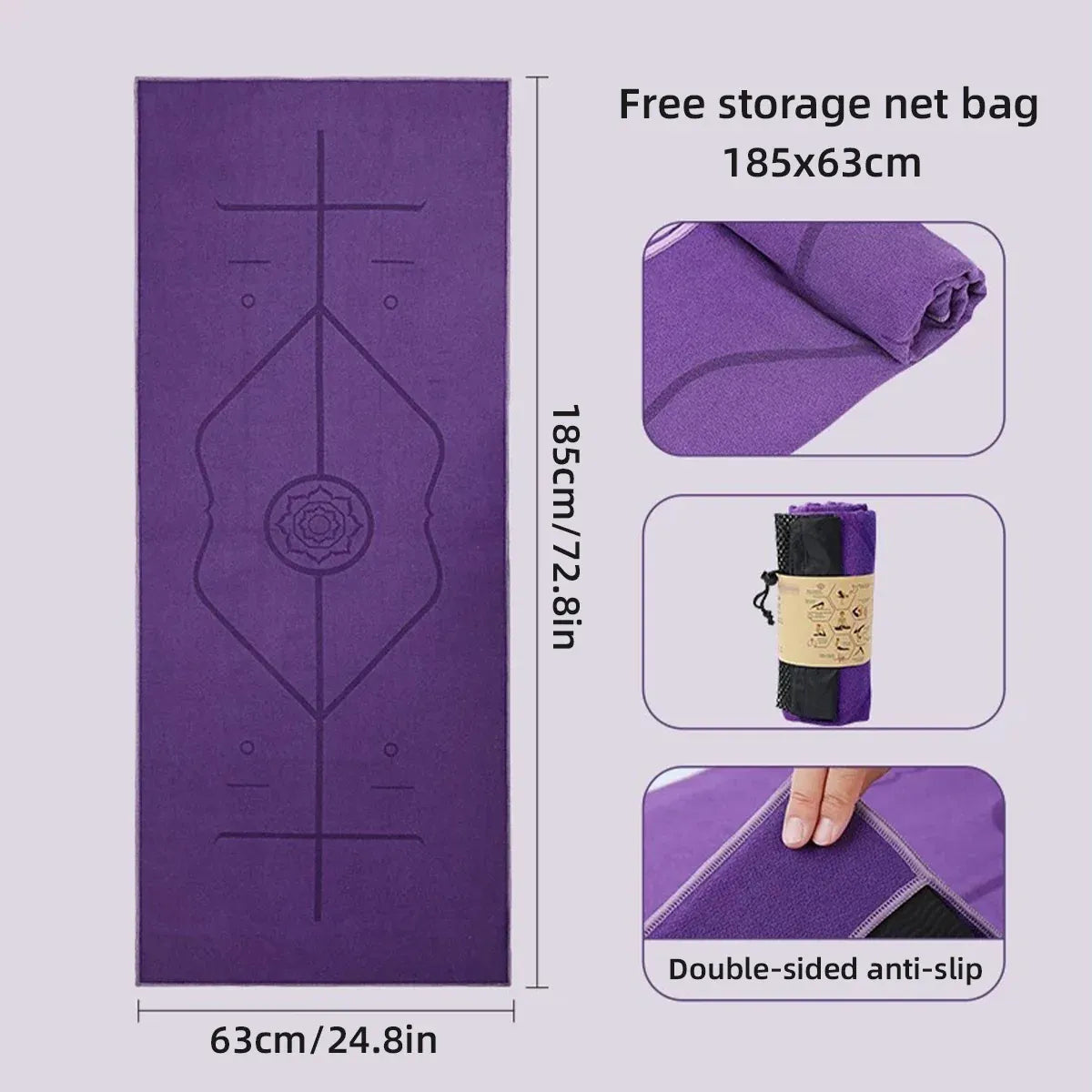 Portable Yoga Blanket with Body Position Line Non Slip Soft for Home Gym Studio - Blue