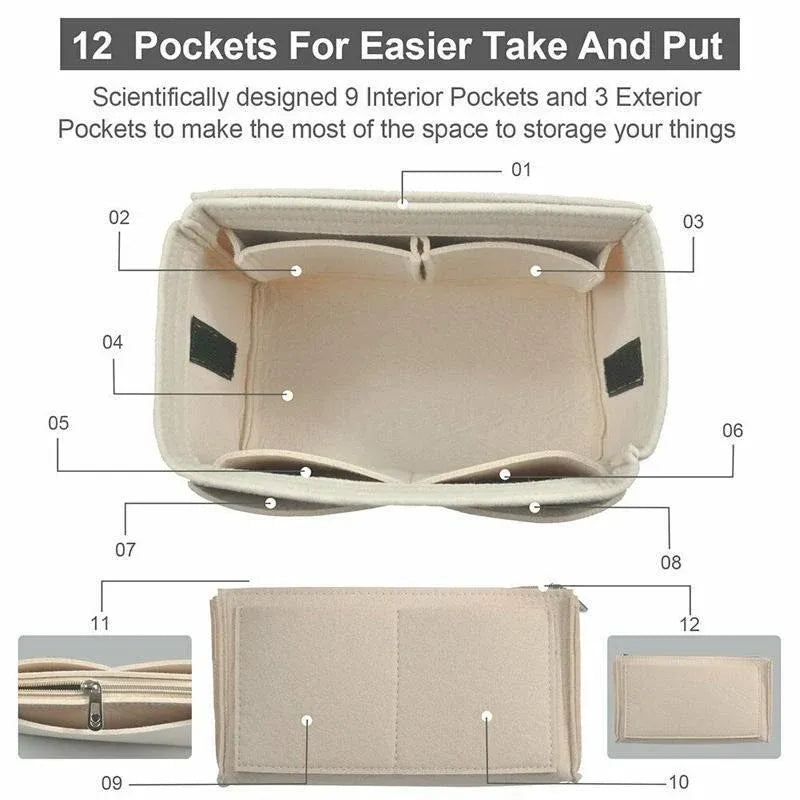 Felt Handbag Organizer Insert with Multiple Pockets for Tote and Purse - Red XL Size