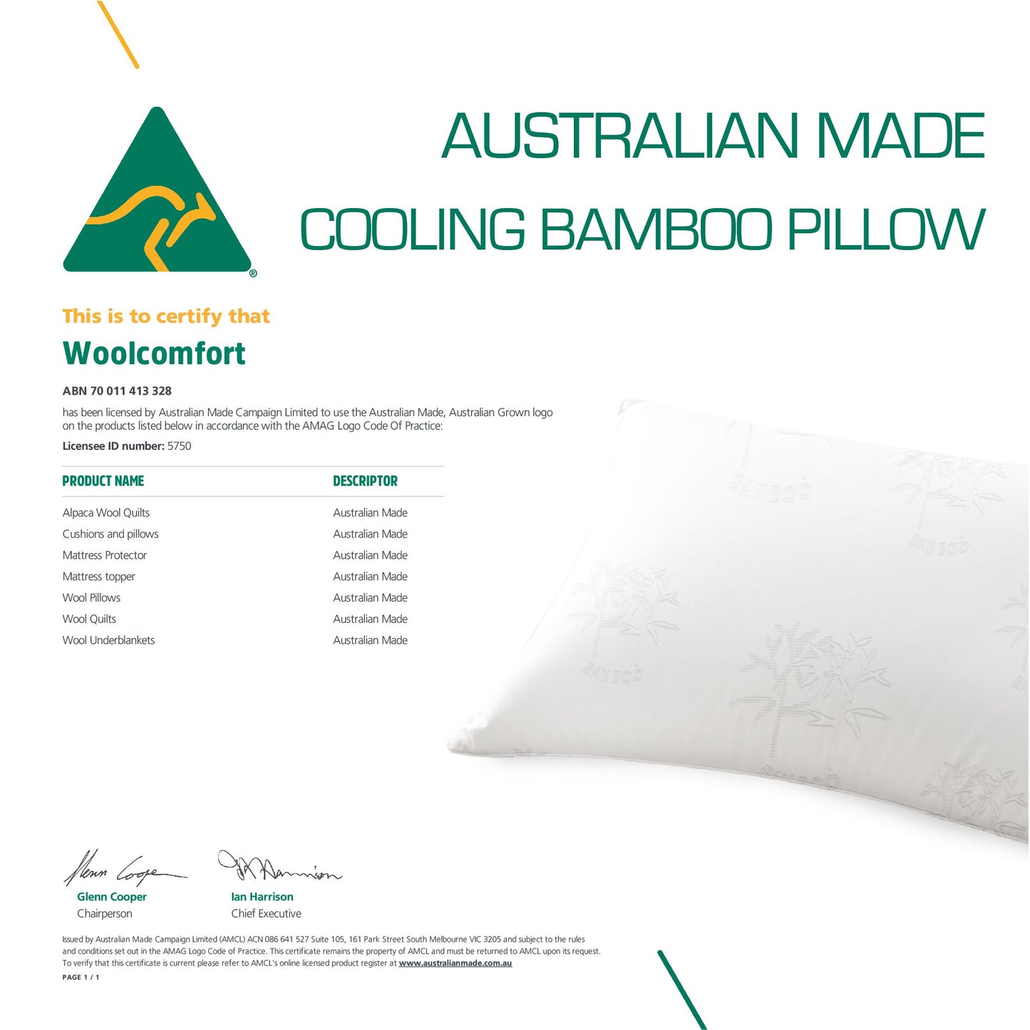 Luxor Australian Made Bamboo Cooling Pillow Standard Size Single Pack
