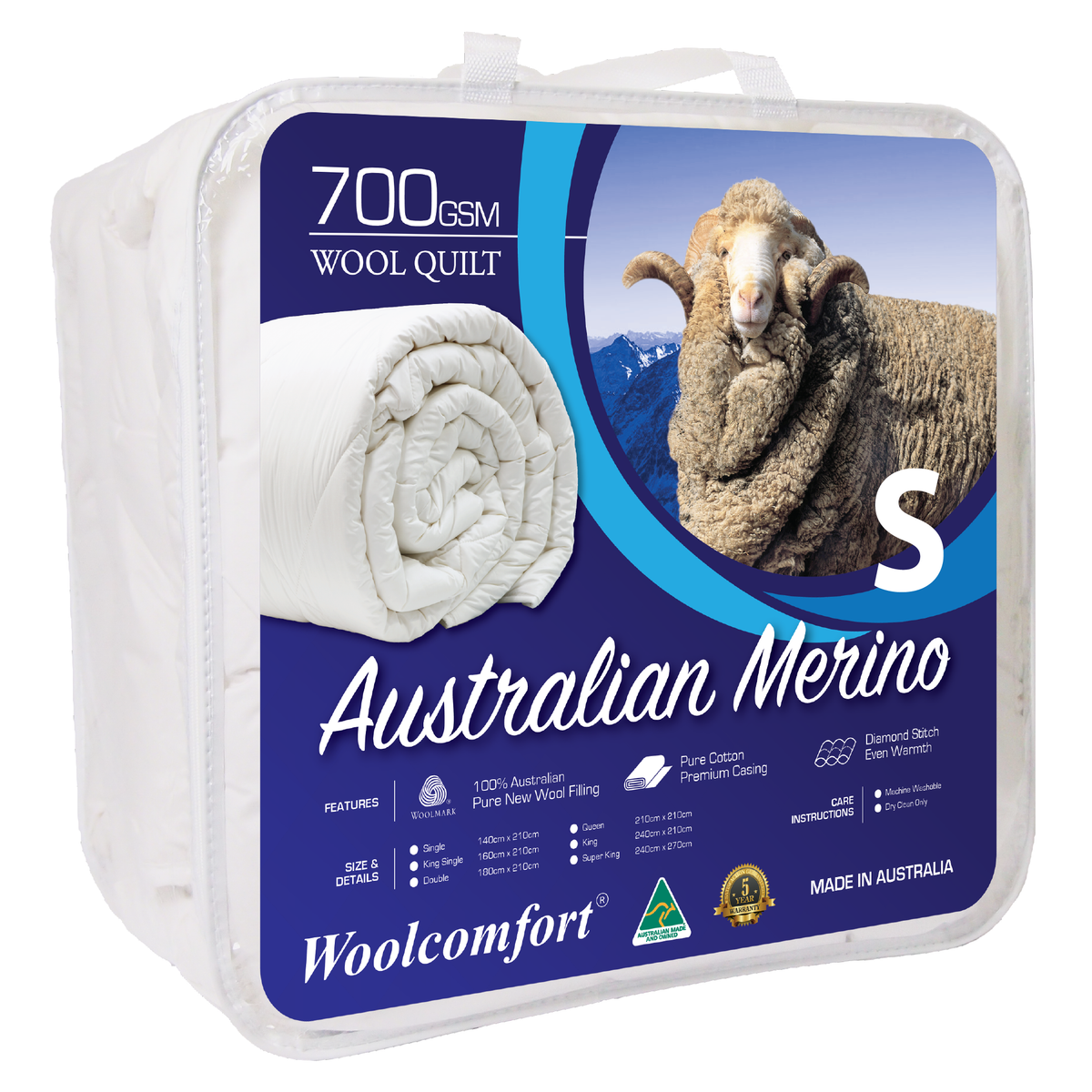 Woolcomfort Merino Wool Quilt Australian Made 700GSM Single 140x210cm