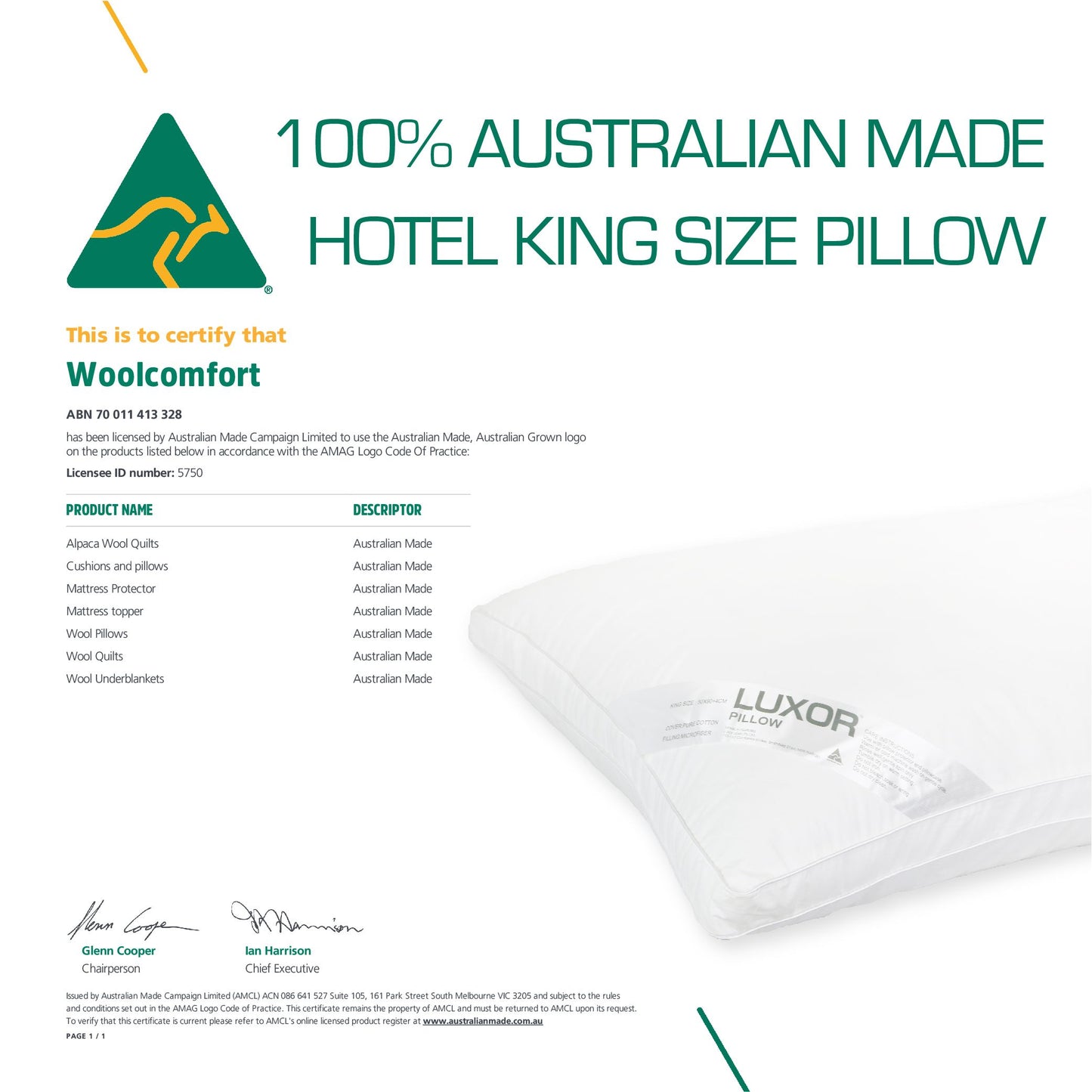 Luxor Hotel Pillow Australian Made King Size with 4cm Wall Single Pack