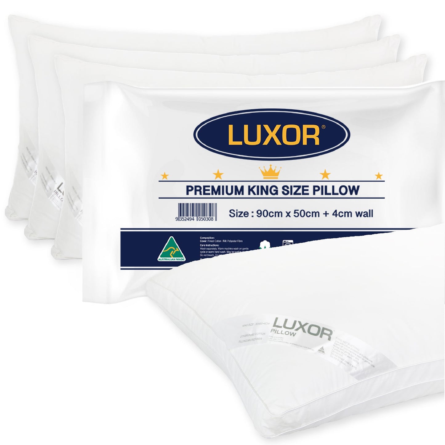 Luxor Hotel Pillows Australian Made King Size with 4cm Wall Four Pack