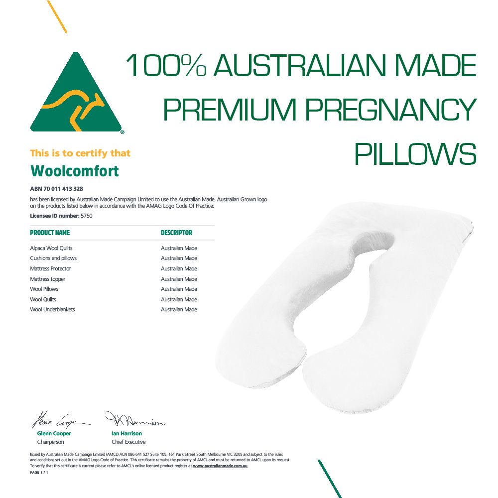 Woolcomfort Pregnancy Body Pillow Australian Made with Pillowcase Sky