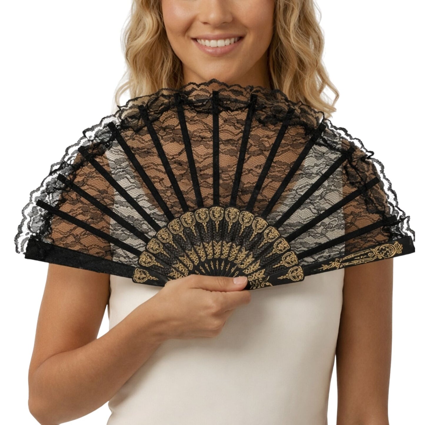 LACE FAN Hand Folding Wedding Party Bridal Spanish Costume Accessory - Black
