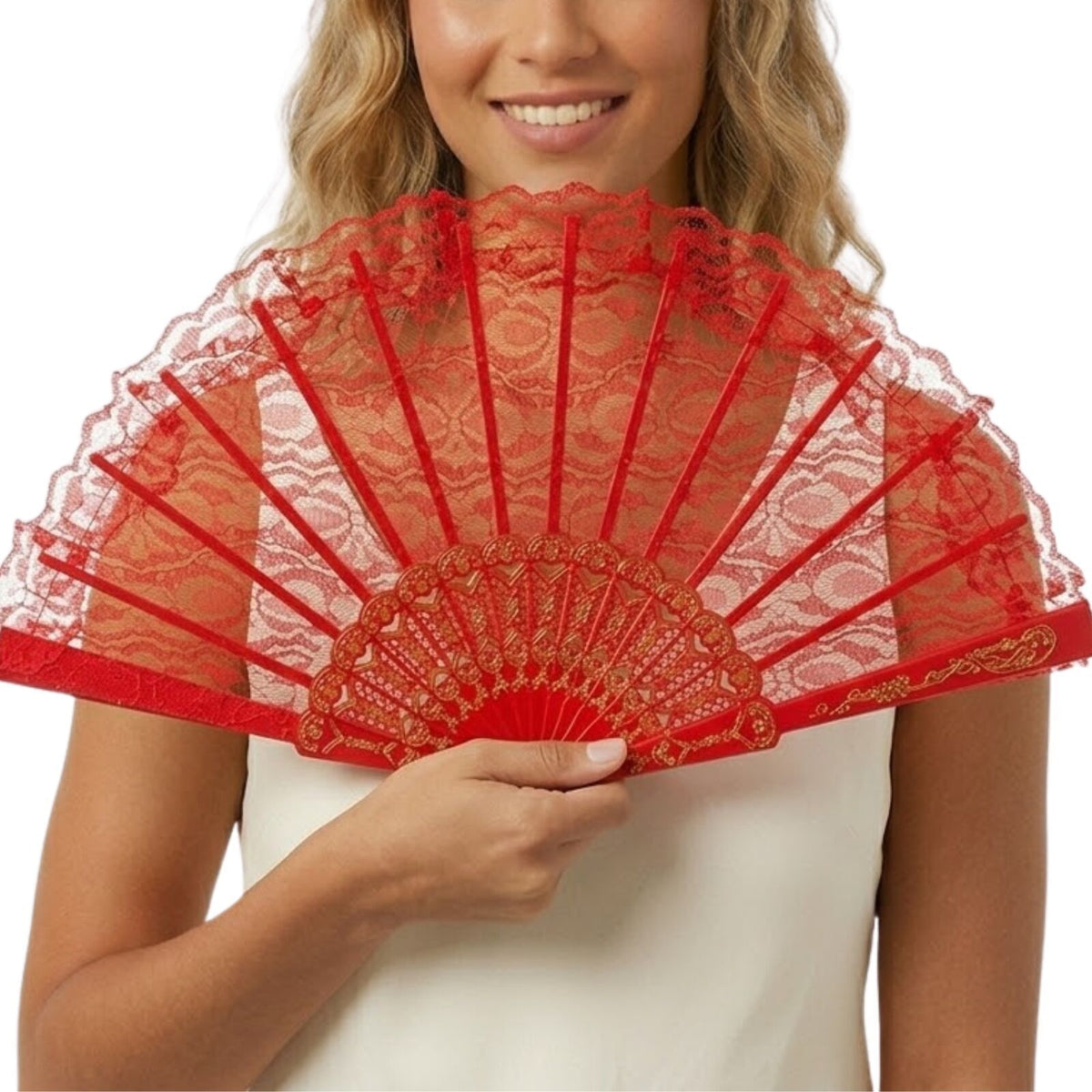 LACE FAN Hand Folding Wedding Party Bridal Spanish Costume Accessory - Red