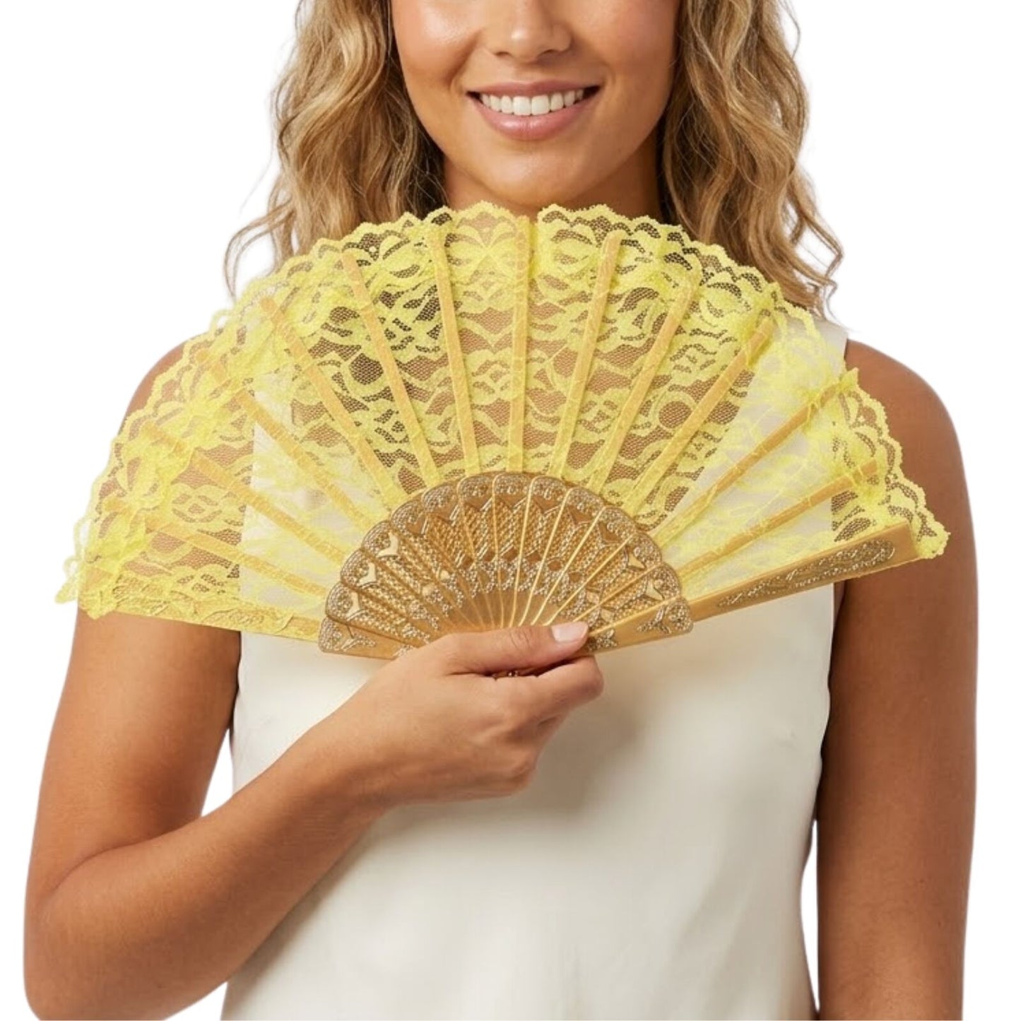 LACE FAN Hand Folding Wedding Party Bridal Spanish Costume Accessory - Yellow