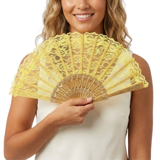 LACE FAN Hand Folding Wedding Party Bridal Spanish Costume Accessory - Yellow