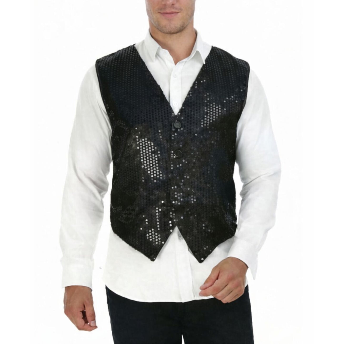 Mens Premium SEQUIN VEST Waistcoat Dance Costume Disco Sparkle Deluxe - Black