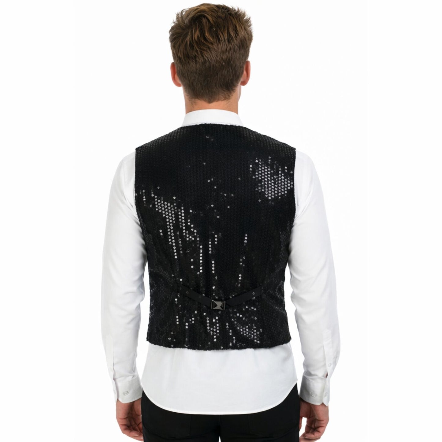 Mens Premium SEQUIN VEST Waistcoat Dance Costume Disco Sparkle Deluxe - Black