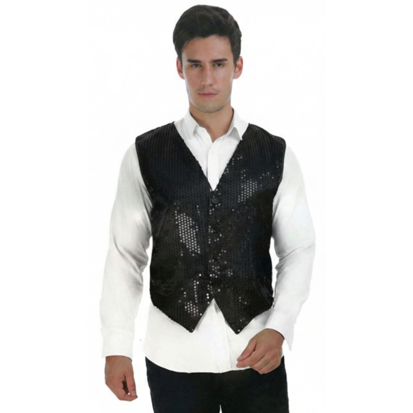 Mens Premium SEQUIN VEST Waistcoat Dance Costume Disco Sparkle Deluxe - Black