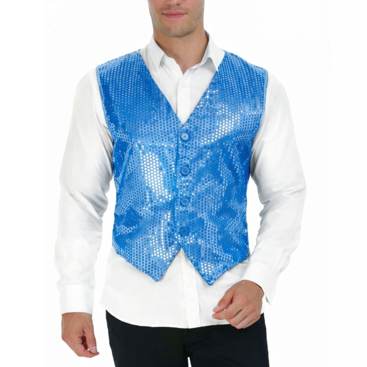 Mens Premium SEQUIN VEST Waistcoat Dance Costume Disco Sparkle Deluxe - Light Blue