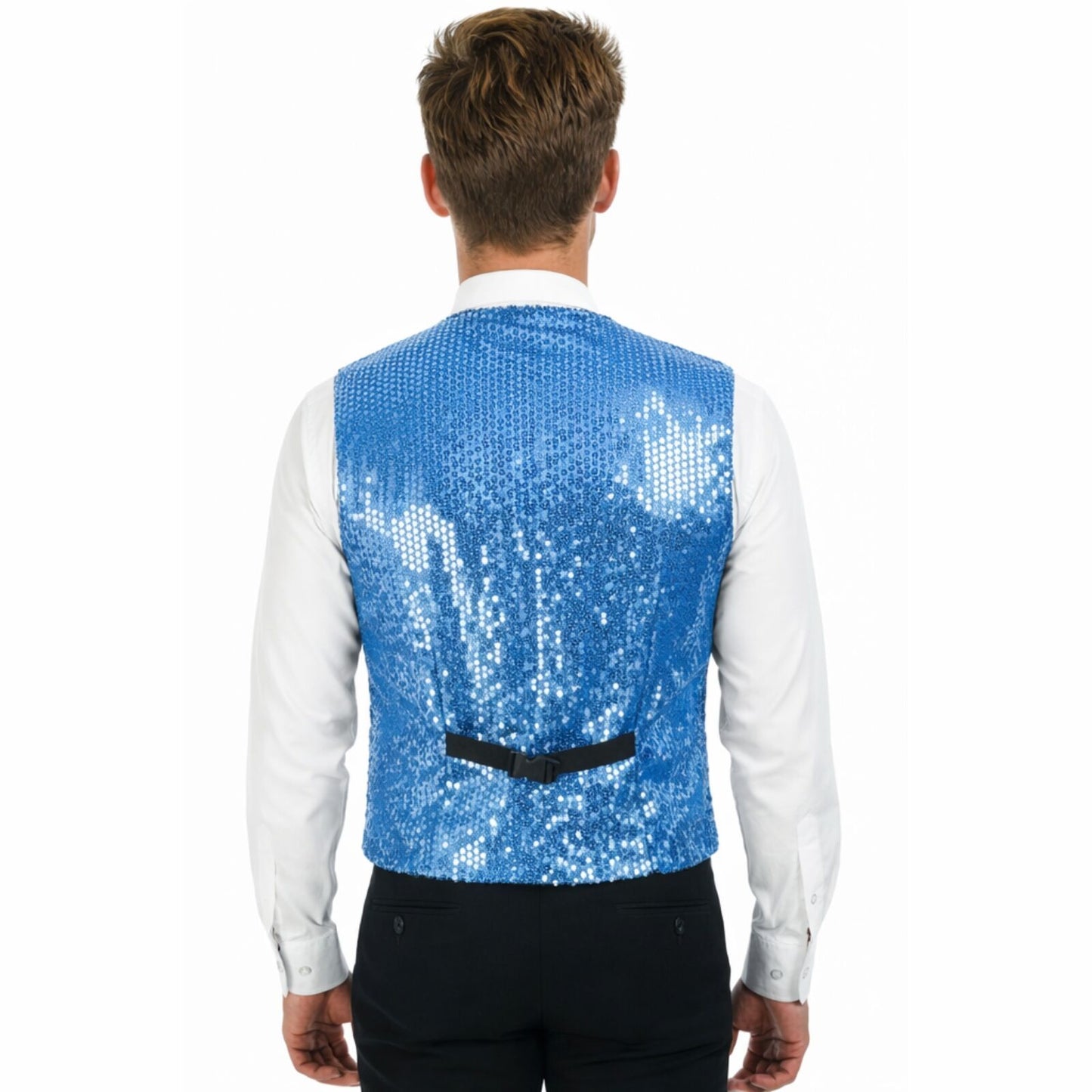 Mens Premium SEQUIN VEST Waistcoat Dance Costume Disco Sparkle Deluxe - Light Blue