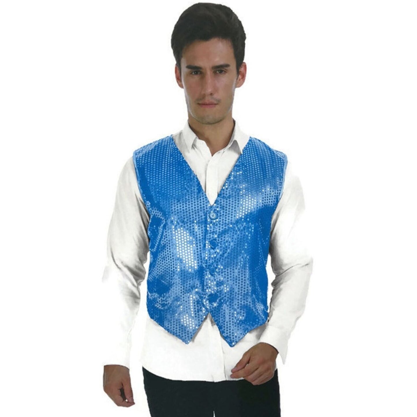 Mens Premium SEQUIN VEST Waistcoat Dance Costume Disco Sparkle Deluxe - Light Blue