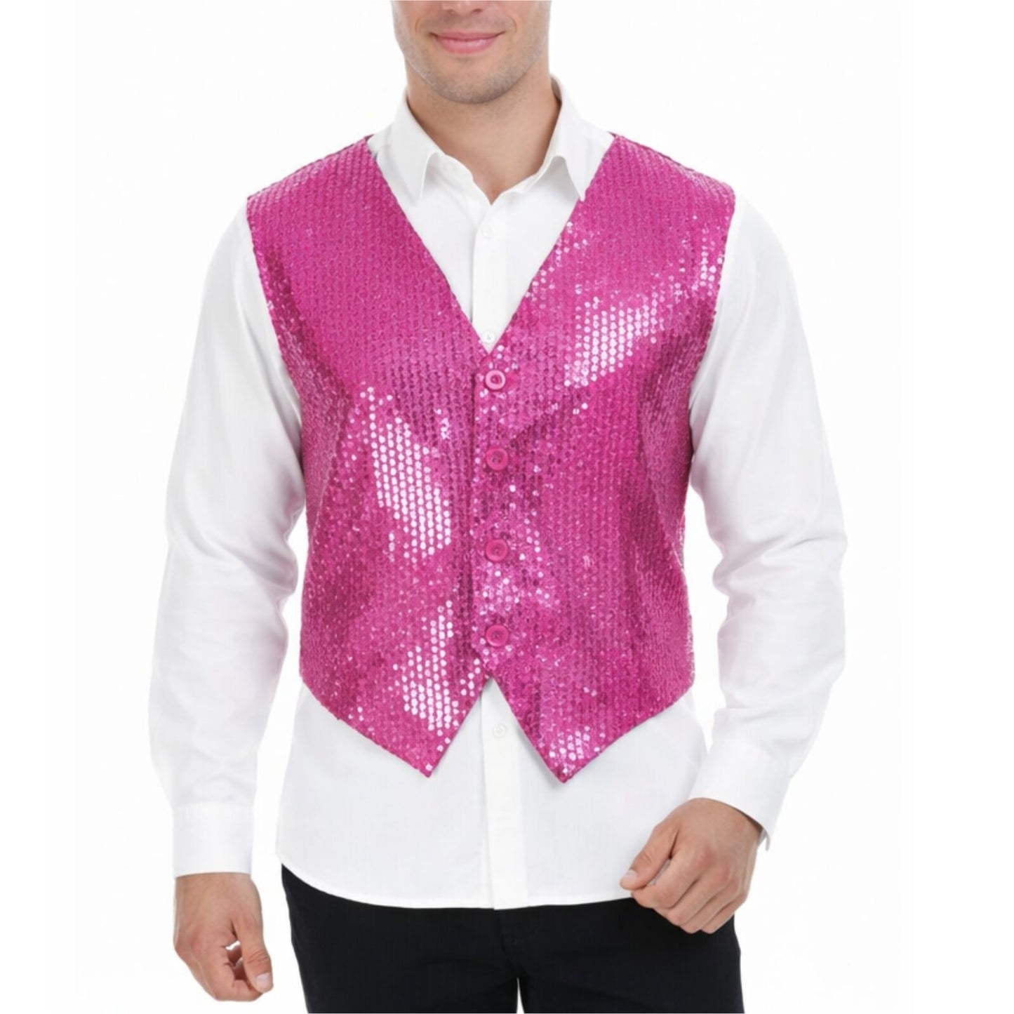 Mens Premium SEQUIN VEST Waistcoat Dance Costume Disco Sparkle Deluxe - Pink
