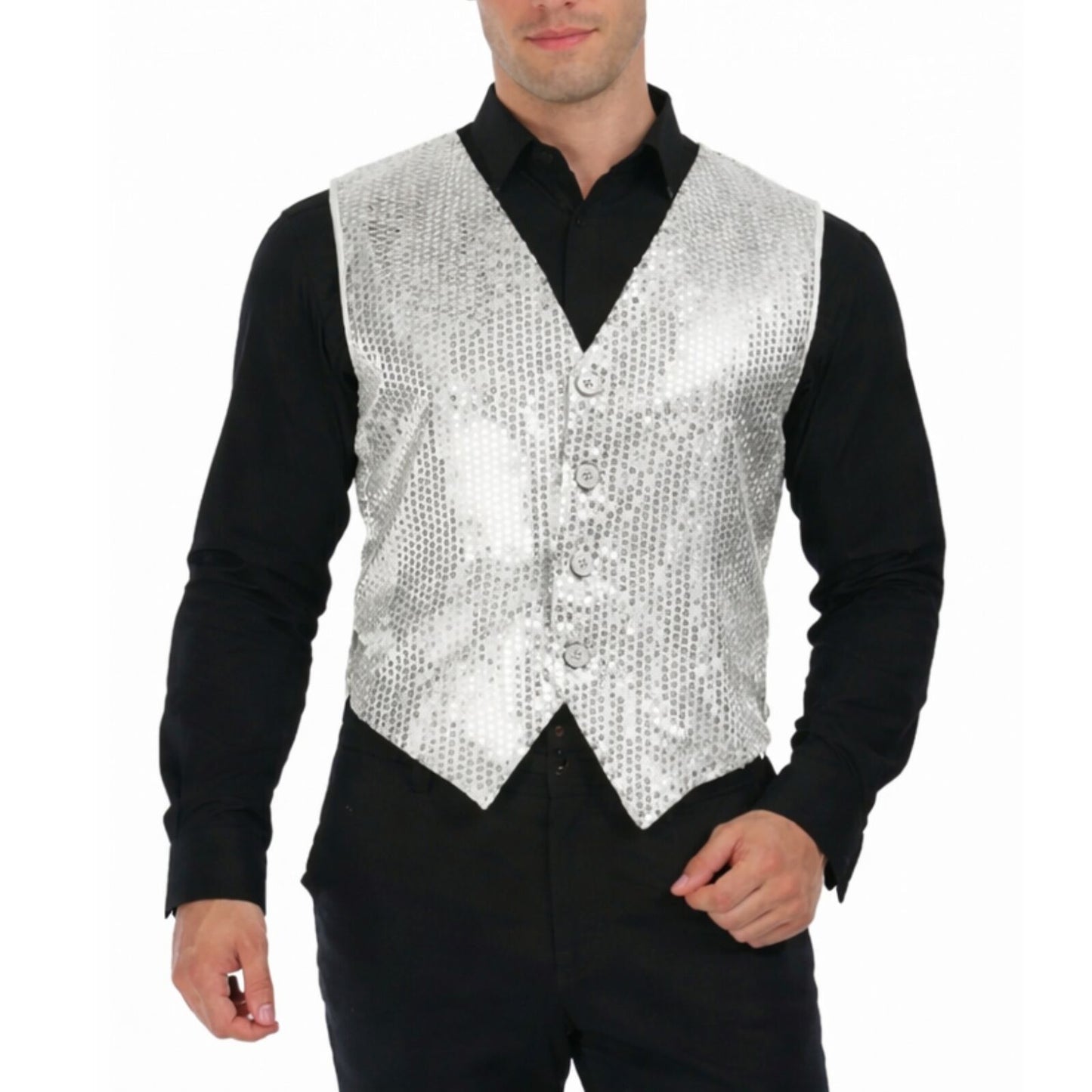 Mens Premium SEQUIN VEST Waistcoat Dance Costume Disco Sparkle Deluxe - Silver