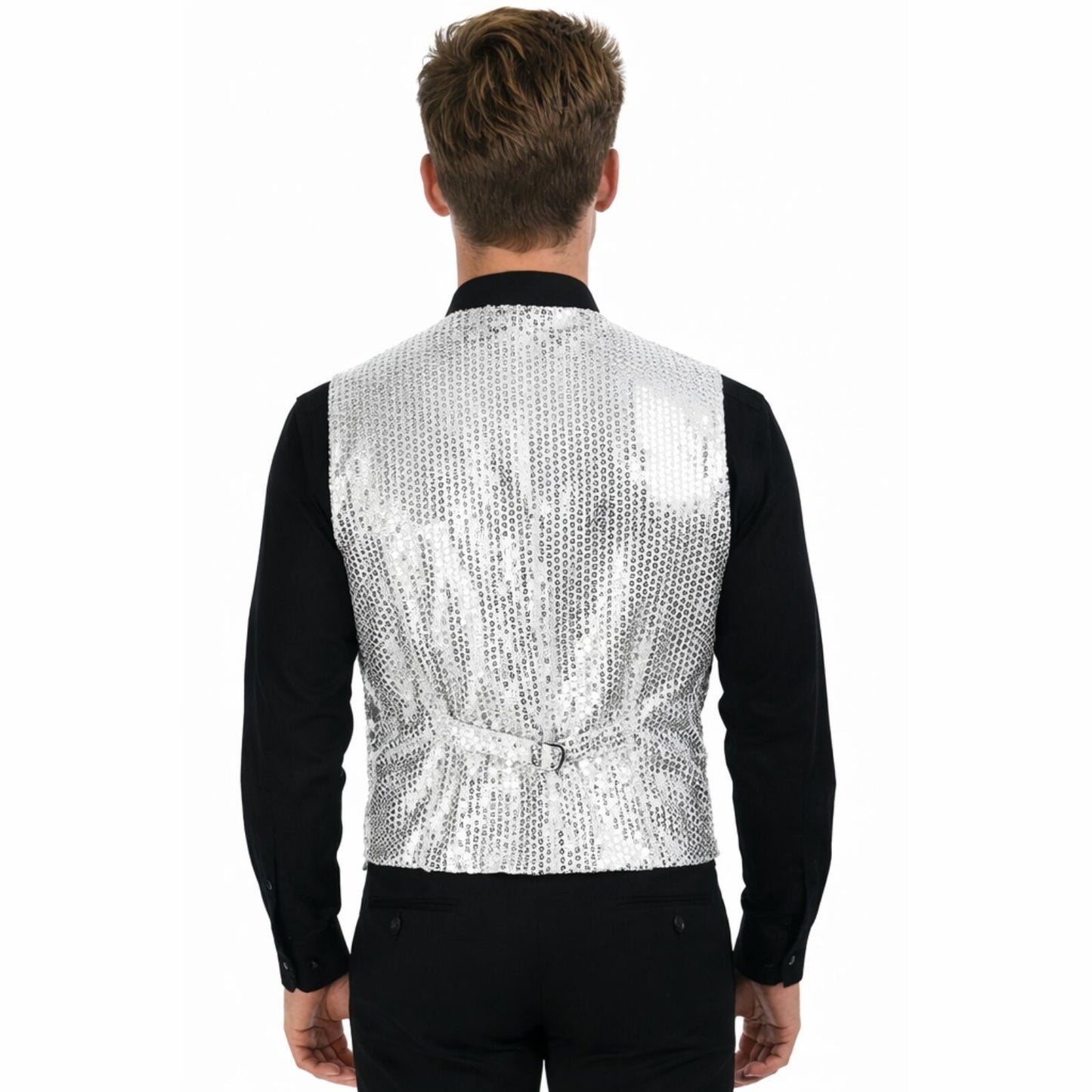 Mens Premium SEQUIN VEST Waistcoat Dance Costume Disco Sparkle Deluxe - Silver