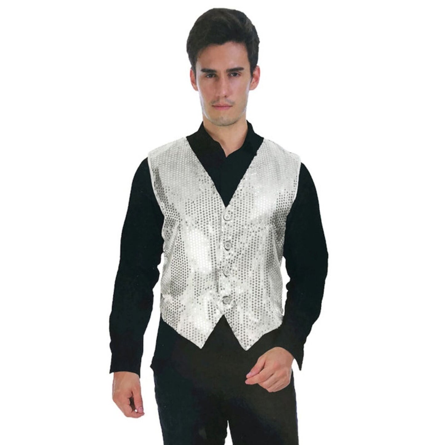 Mens Premium SEQUIN VEST Waistcoat Dance Costume Disco Sparkle Deluxe - Silver