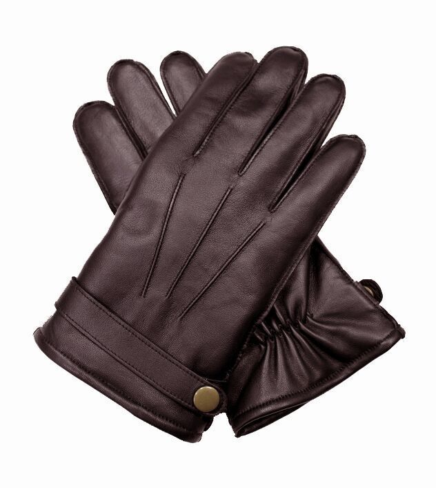 Dents Mens Wool Knit Lined Leather Gloves with Strap and Stud - Brown