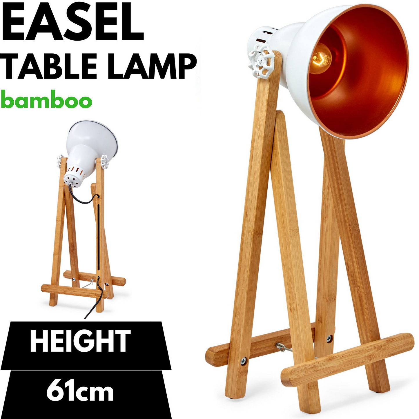 Bamboo Easel Table Lamp 61cm Modern Scandi Designer Desk Light - Bedroom Office