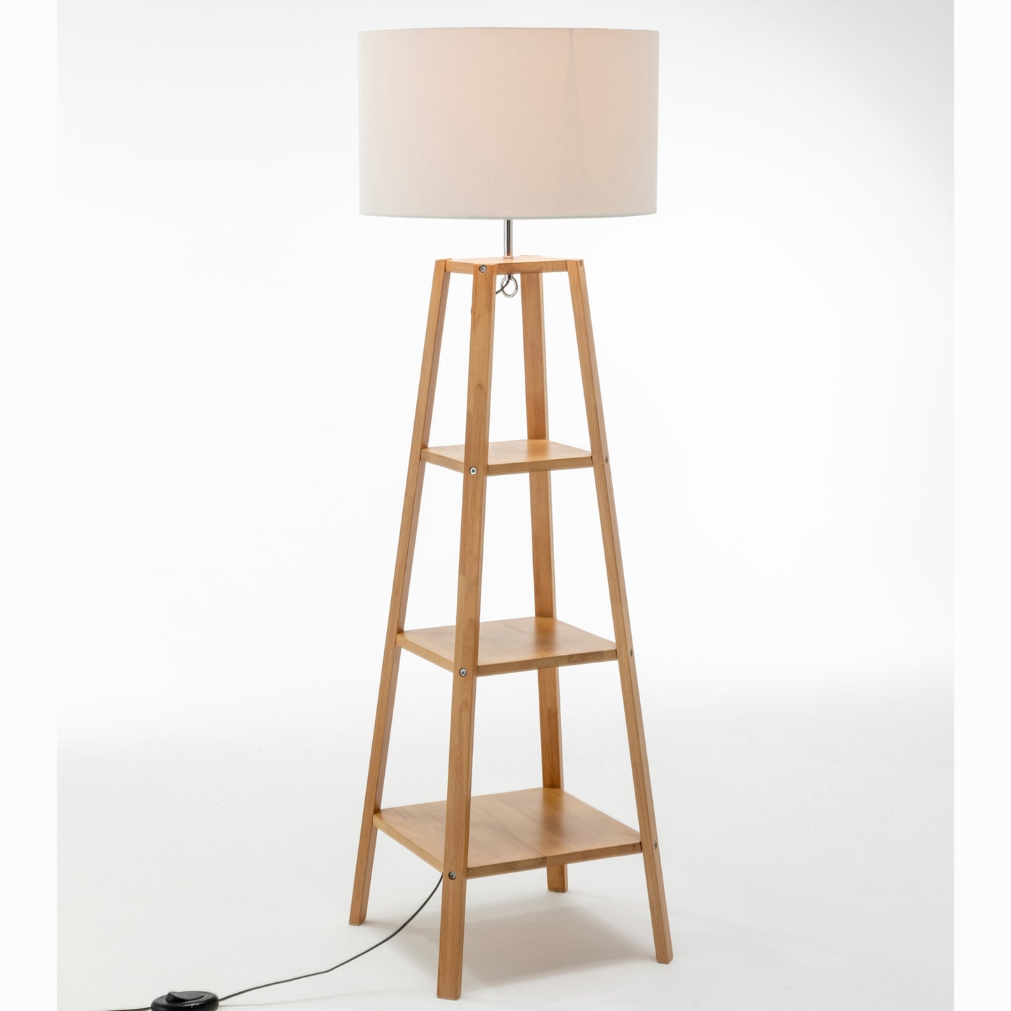 Eiffel 3 Tier Natural Wood Floor Lamp w/ Storage Shelves + Off White Shade