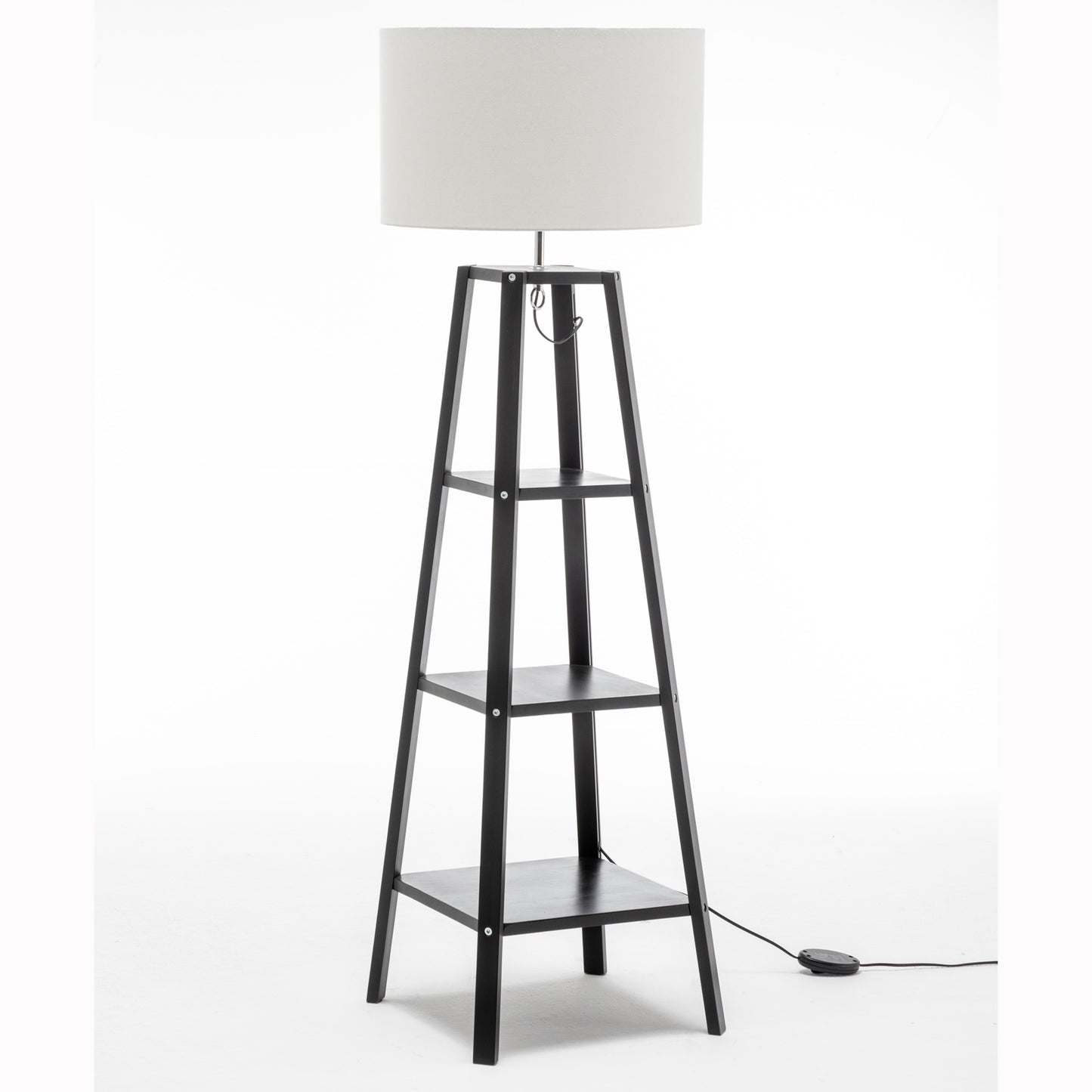 Eiffel 3 Tier Natural Wood Floor Lamp w/ Storage Shelves + Off White Shade