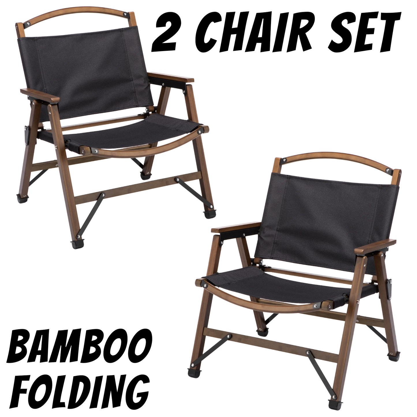 Camping Chairs Set of 2 Bamboo Canvas Foldable Outdoor Wooden Travel Picnic Park - Black