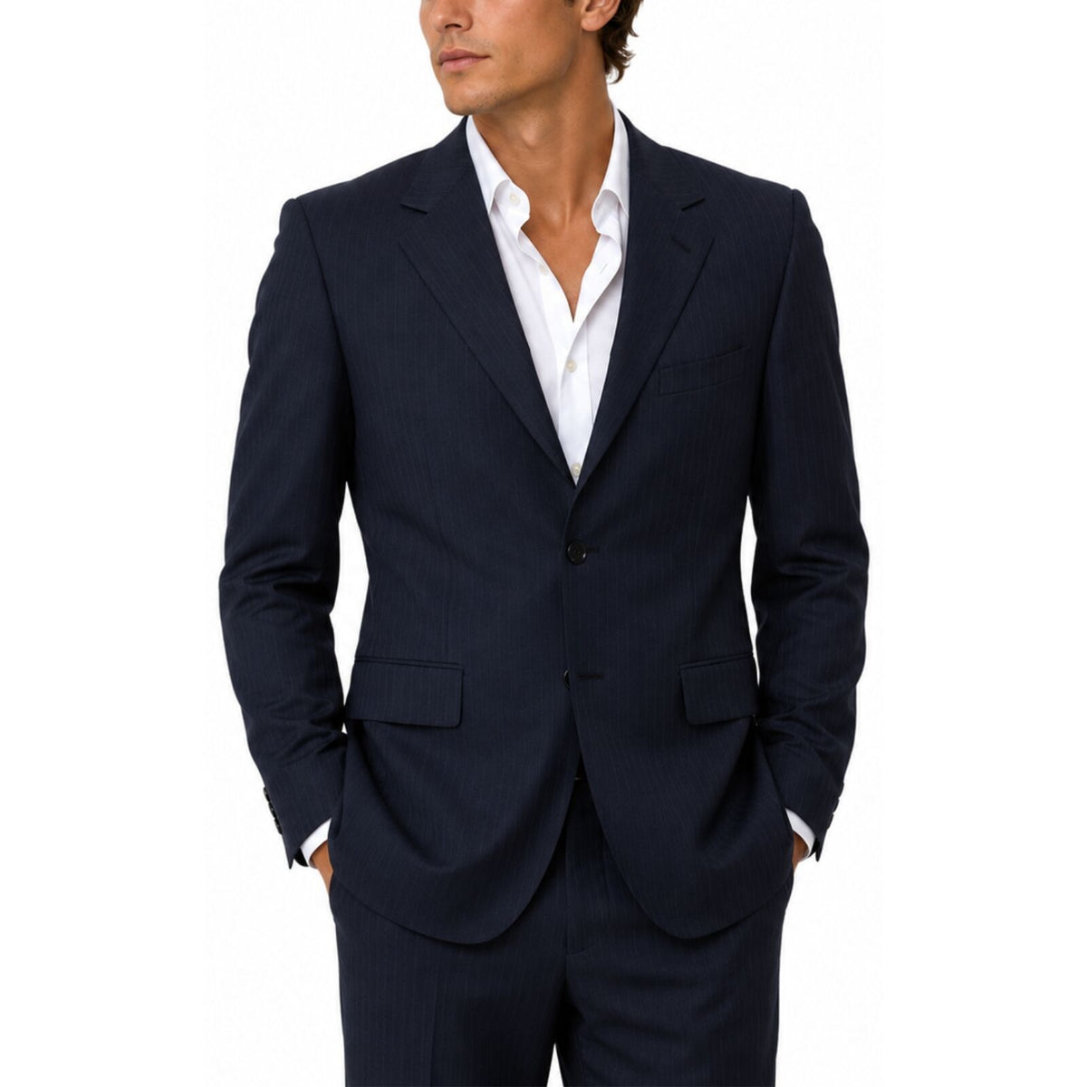 Mens Suit Jacket 2 Button Pinstripe Business Work Blazer Fully Lined - Navy