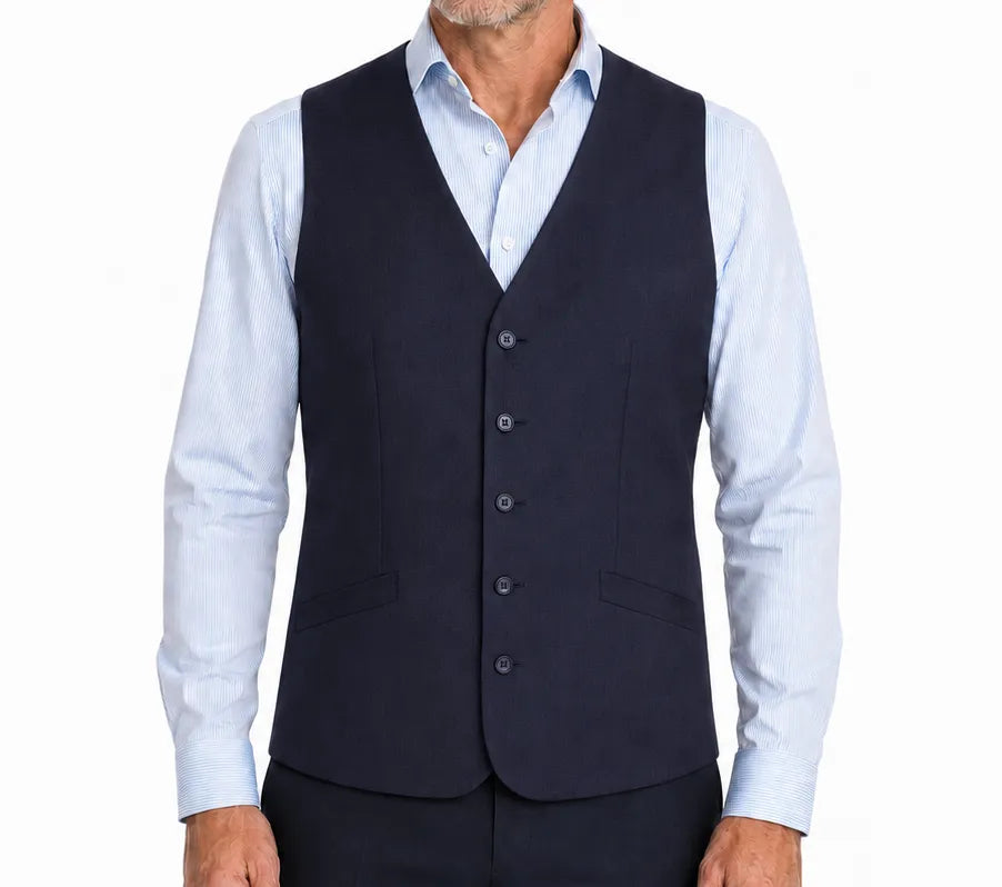 Mens Bamboo Blend Longline Vest Waistcoat w/ Stretch Business Forrnal Dress - Navy